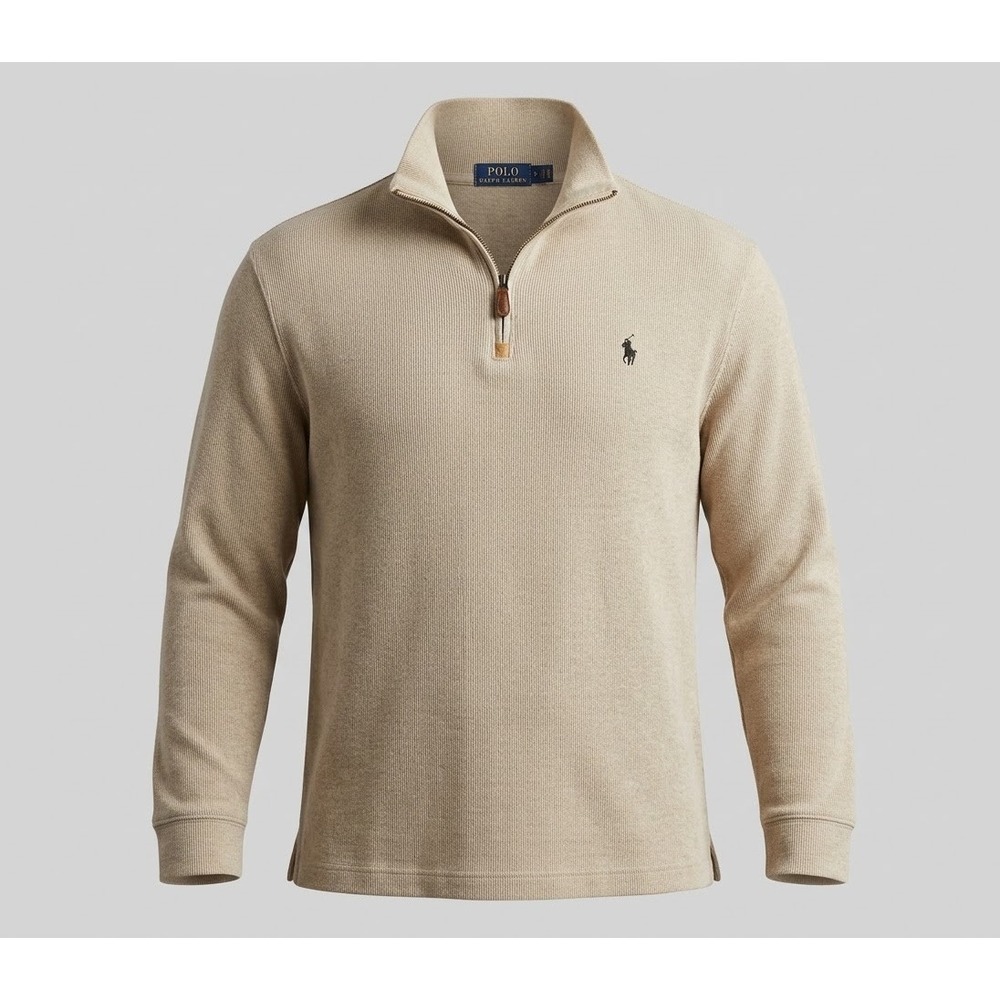 Polo Ralph Lauren Men's Oatmeal Color 1/4 Zip Pullover w Brown Pony. Size XL